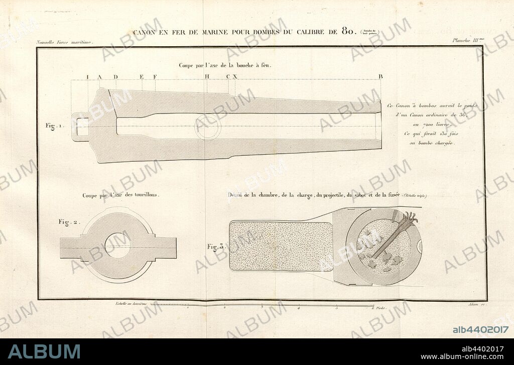 Navy Cannon for 80 caliber bombs, Cannon, signed: Adam sc, Planche III, after p. 446, Adam (sc.), Henri-Joseph Paixhans: Nouvelle force maritime, et application de cette force à quelques parties du service de l'armée de terre: ou essai sur l'état actuel des moyens de la force maritime; sur une espèce nouvelle d'artillerie de mer, qui détruirait promptement les vaisseaux de haut-bord; sur la construction de navires à voile et à vapeur, de grandeur modérée, qui, armés de cette artillerie, donneraient une marine moins couteuse et plus puissante que celles existantes; et sur la force que le système de bouches-à-feu proposé offrirait à terre, pour les batteries de siège, de places, de côtes et de campagne. Paris: Bachelier, 1822.