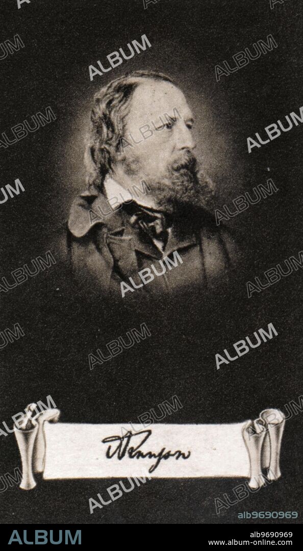 ALFRED LORD TENNYSON. From the original at the National Portrait Gallery. Chalk drawing by M Arnault. His original signature can be seen at the British Museum, London, on a letter post marked October 22nd, 1864, to Wm. Cox Bennett, Author of "Songs of Sailors" thanking him for some verse. Poet, son of a clergyman, born at Somersby, Lincolnshire, 1809. Educated at Trinity College, Cambridge, where he won a university prize for a poem on Timbuctoo. In 1845 the state confered an annual pension of £200 on him and in 1850 he was appointed Poet Laureat in succession to Wordsworth. Raised to the peerage, 1883, he died in 1892 and was buried in Westminster Abbey. Some of his best known works are "The Princess.", "Idols of the King", "Crossing the Bar", and "Mauld" and "In Memoriam".