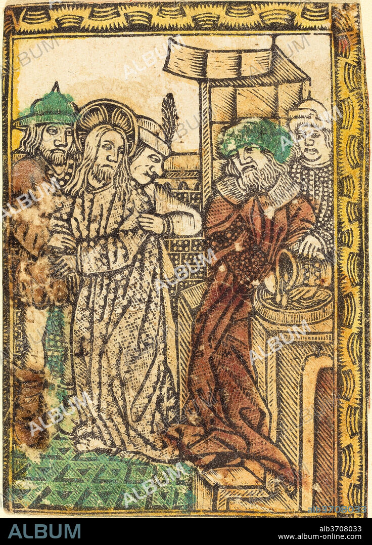 GERMAN 15TH CENTURY. Pilate Washing His Hands. Dated: c. 1470/1480. Medium: metalcut, hand-colored in yellow, red-brown lake, and green.