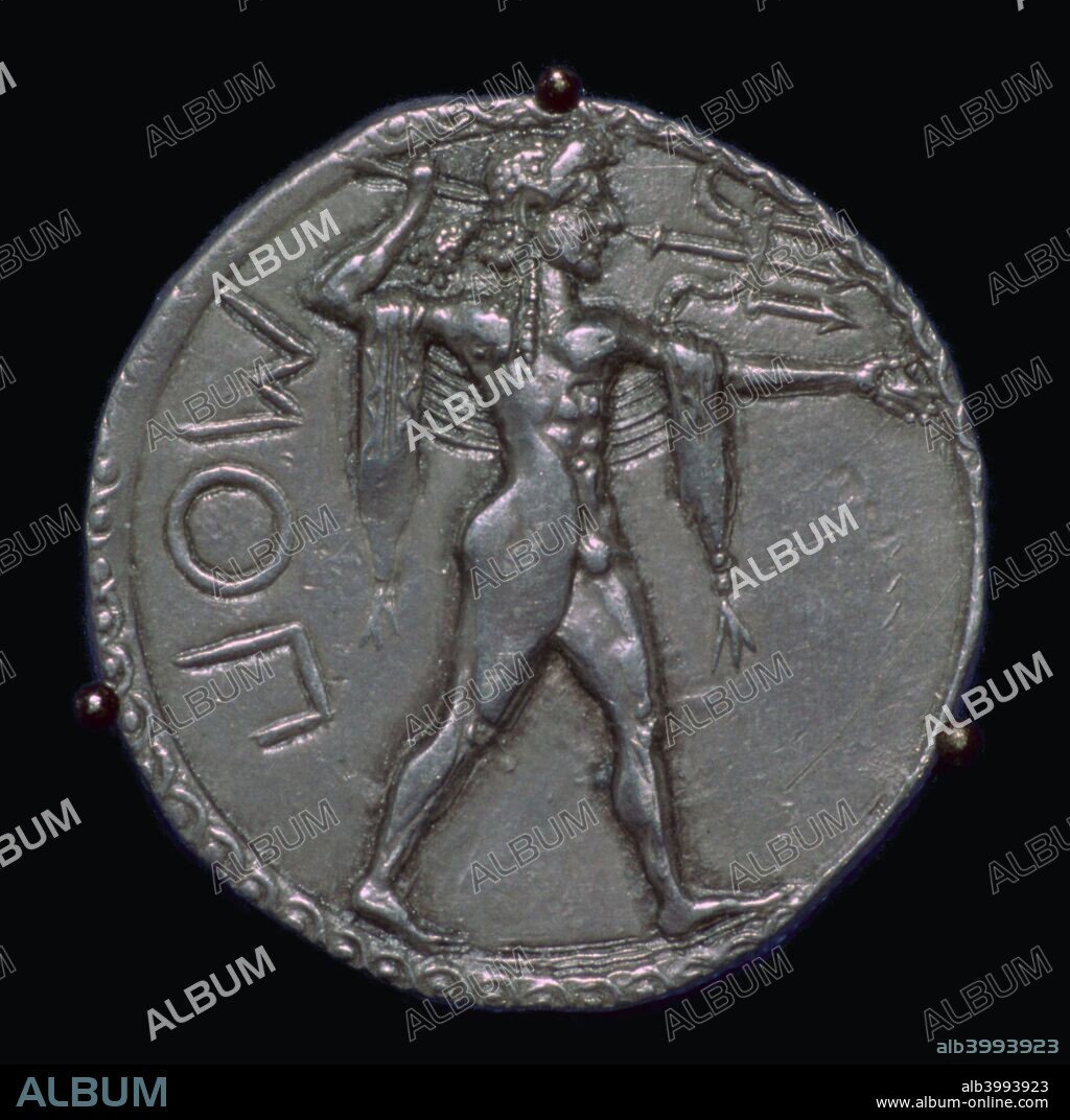 This stater of Poseidonia, a Greek city in south Italy, shows Poseidon with his trident, 5th century BC.