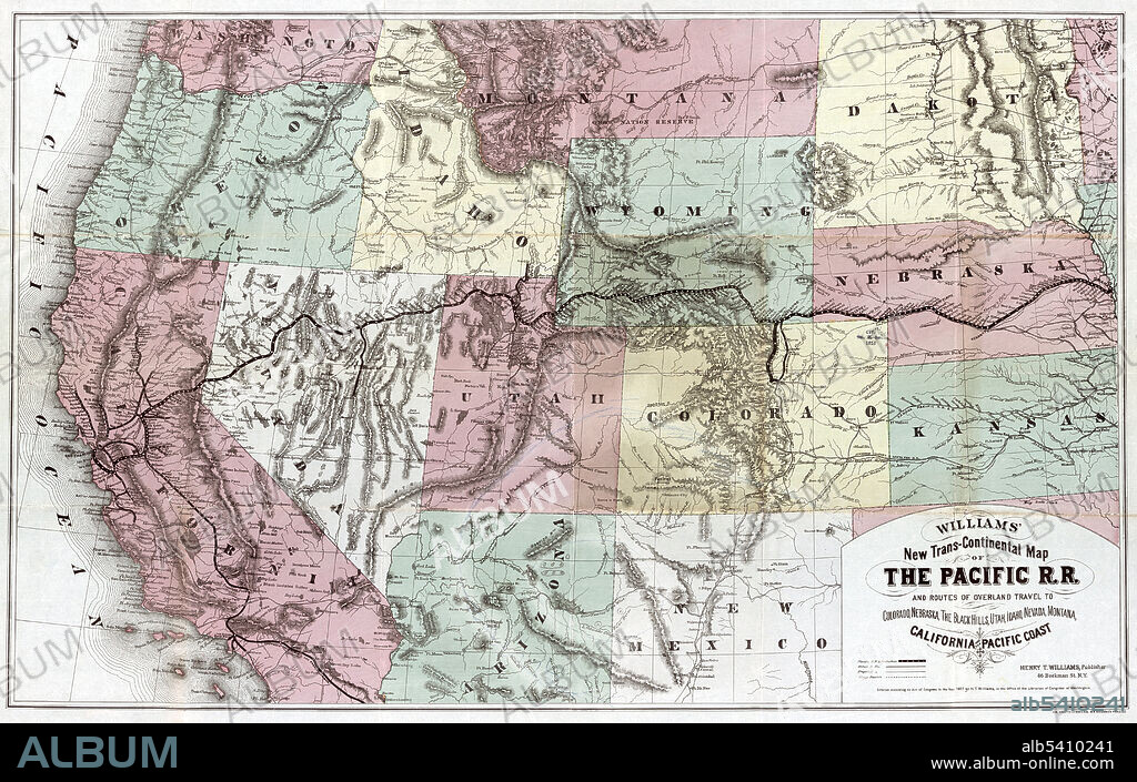 Transcontinental map of the Pacific Railroad and routes of overland travel to Colorado, Nebraska, the Black Hills, Utah, Idaho, Nevada, Montana, California and the Pacific Coast. Union Pacific Railroad Company, 1877. The First Transcontinental Railroad (known originally as the "Pacific Railroad" and later as the "Overland Route") was a 1,912-mile continuous railroad line constructed between 1863 and 1869 that connected the existing eastern U.S. rail network at Council Bluffs, Iowa with the Pacific coast at the Oakland Long Wharf on San Francisco Bay. The rail line was built by three private companies over public lands provided by extensive US land grants. It opened for through traffic between Sacramento and Omaha on May 10, 1869, when CPRR President Leland Stanford ceremonially tapped the gold "Last Spike" (later often referred to as the "Golden Spike") with a silver hammer at Promontory Summit.
