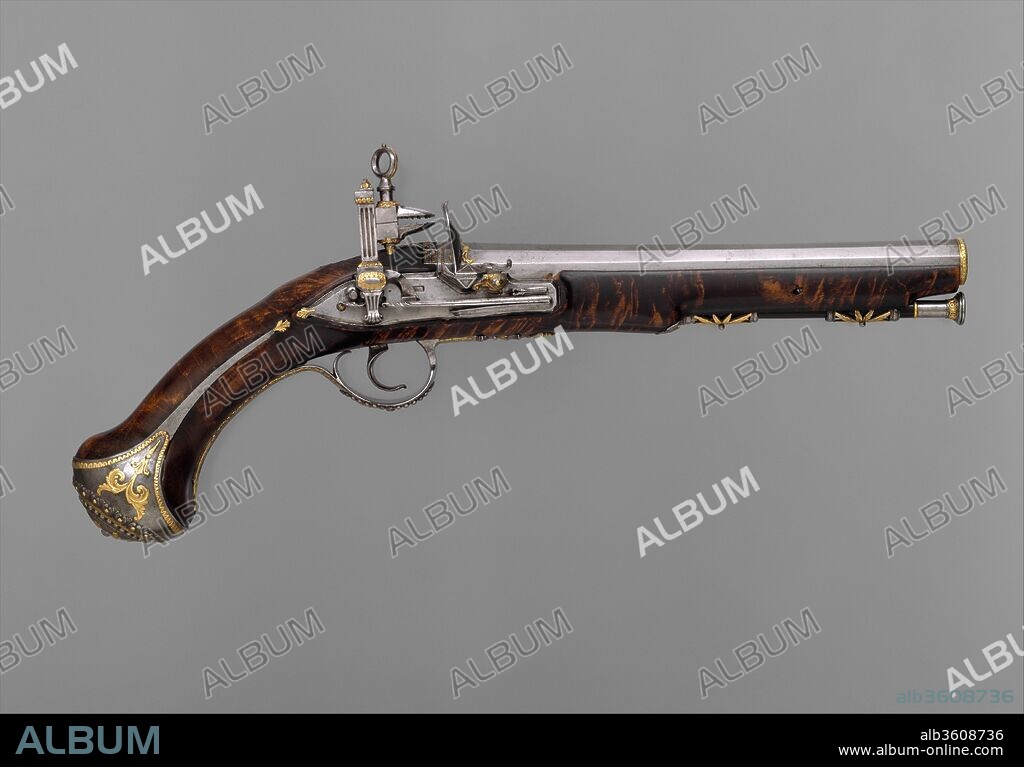 Miquelet Pistol. Culture: Spanish, Barcelona. Dimensions: Caliber, .665 in, (16.89 mm)
Weight, 1 lb. 12 oz. (800 g)
Length, 14 11/16 in. (37.31 cm)
Length of barrel, 8 13/16 in. (22.38 cm). Gunsmith: Llorens Torrens (Spanish, Catalonia, active 1793-1824); Jacinto Jaumeandreu (Spanish, Catalonia, active about 1750-1807). Date: ca. 1790-1807.
This is a rare example of a Spanish firearm with Neoclassical decoration. Especially noteworthy is the cock shaped as a fluted column and the mounts of brightly polished steel decorated with faceted steel beads and raised gold ornament.