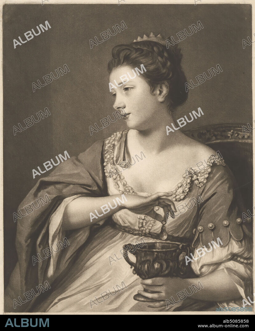 Miss Kitty Fisher as 'Cleopatra Dissolving the Pearl', Print made by Edward Fisher, 17221785, British, after Sir Joshua Reynolds RA, 17231792, British, Published by John Bowles, 17011779, British, and Thomas Bowles, ca. 1712died 1753, British, between 1752 and 1763, Mezzotint on moderately thick, slightly textured, beige laid paper, Sheet: 13 7/16 x 9 3/8 inches (34.2 x 23.8 cm), Plate: 13 1/16 x 9 inches (33.1 x 22.8 cm), and Image: 11 x 9 inches (27.9 x 22.8 cm), banquet of Mark Antony and Cleopatra: she dissolves a pearl in a cup of wine, which she then drinks, braids, chalice, crown, dress, gaze, jewelry, literary theme, mantle, pearls, portrait, religious and mythological subject, sash, throne, wine.