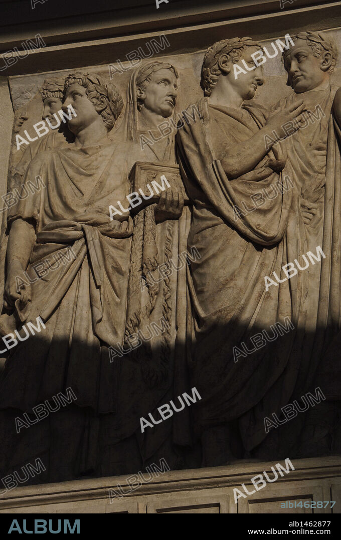 Roman Art. Italy. Ara Pacis Augustae. Processional frieze. Detail. Relief. Original North side. Dated 13th century BC.  Museum of the Ara Pacis. Rome. Italy.