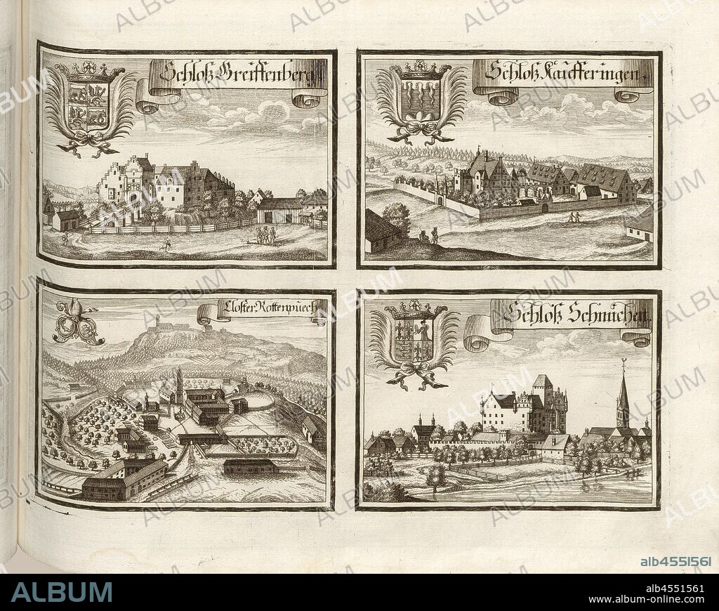 Schloss Greifenberg, Schloss Kaufferingen, Closter Rottenpuech and Schloss Schmiechen, Greifenberg Castle, Kaufering Castle, Rottenbuch Monastery, Schmiechen Castle in Bavaria (Germany), Fig. 134, after p. 70, Wening, Michael (del. et sc.), 1701, Michael Wening: Historico-topographica descriptio. Das ist: Beschreibung, dess Churfürsten- und Hertzogthumbs Ober- und Nidern Bayrn, welches in vier Theil oder Rennt-Aembter, als Oberlands München und Burgkhausen, Underlands aber in Landshuet unnd Straubing abgetheilt ist [...]. Thail 1. München: bey Johann Lucas Straub, gem: lobl. Landtschafft Buchtruckern, anno M.DCCI. [1701].