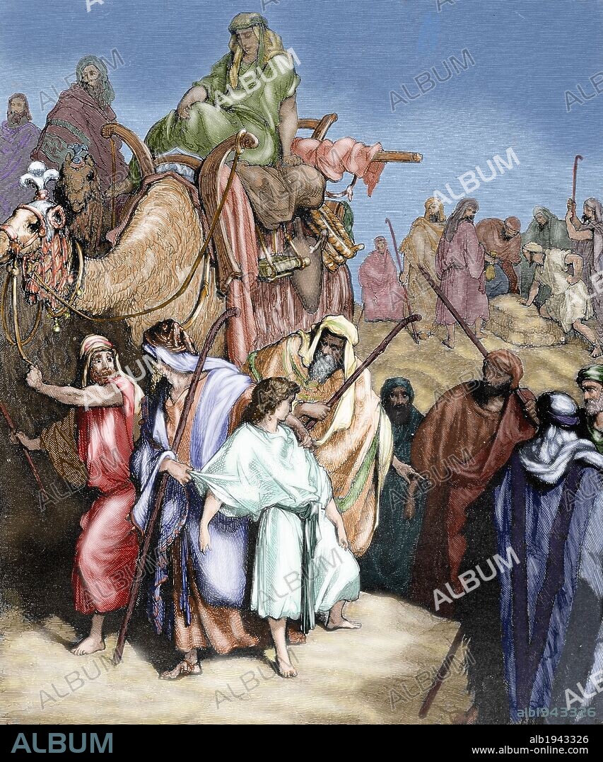 PAUL GUSTAVE DORÉ. Joseph (son of Jacob and Rachel) is sold into slavery in Egypt by his brothers. Engraving by Gustave Dore_. 19th century. Colored.