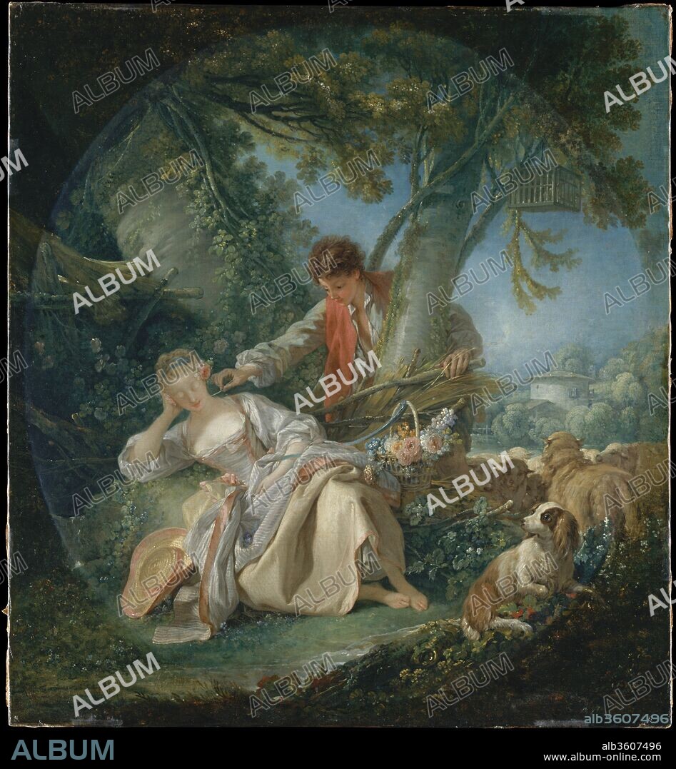 FRANCOIS BOUCHER. The Interrupted Sleep. Artist: François Boucher (French, Paris 1703-1770 Paris). Dimensions: Overall 32 1/4 x 29 5/8 in. (81.9 x 75.2 cm); painted surface (irregular oval) 31 x 27 3/4 in. (78.7 x 70.5 cm). Date: 1750.
Boucher was an artist of incomparable virtuosity and industry with a preference for mythological and pastoral subjects. Here he shows a beautifully dressed shepherd and shepherdess. The simplicity of the subject belies the complexity of the composition, which is organized around a series of intersecting diagonals. The canvas, much admired at the Salon of 1753, was one of a pair of overdoors from Bellevue, a château belonging to Madame de Pompadour, mistress of Louis XV.