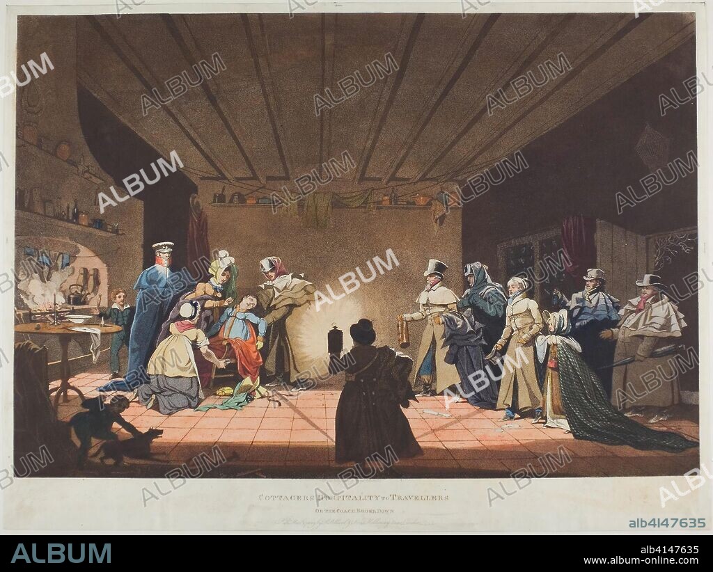 Cottagers' Hospitality to Travellers or The Coach Broke Down. James Pollard (English, 1797-1867); published by  R. Pollard & Sons (English, active 19th century). Date: 1819. Dimensions: . Aquatint in black, with hand-coloring, on paper. Origin: England.