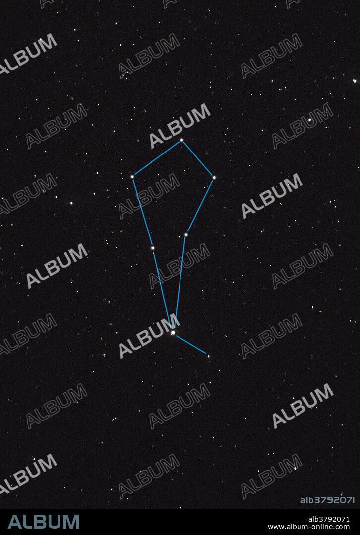 Bootes constellation. North is at top. Its brightest star is Arcturus (Alpha Bootis, lower centre), which is the fourth brightest star in the sky. At upper right are some of the stars in The Plough (part of the constellation Ursa Major, the great bear). At centre left is the small constellation Corona Borealis, the northern crown. This comprises an arc of stars with the bright star Alphecca, or Gemma (Alpha Coronae Borealis) at its centre. These northern constellations are best observed in spring and summer from the northern hemisphere.