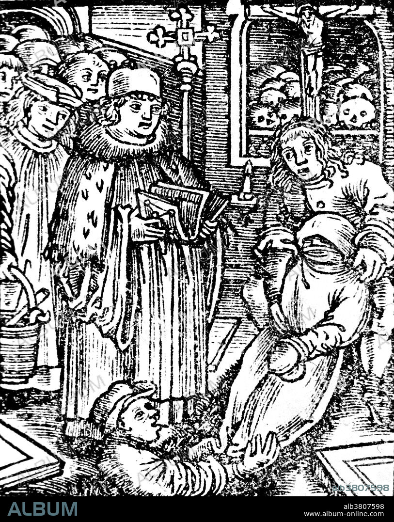 Woodcut showing a religious figure is reading from a text as the body of a plague victim is lowered into a grave by two men. The Black Death (1340-1400) was one of the most devastating pandemics in human history, resulting in the deaths of an estimated 75 to 200 million people and peaking in Europe in the years 1348-50. The next few centuries were marked by several local outbreaks of lesser severity. The Great Plague of Seville (1647), the Great Plague of London (1665-1666), the Great Plague of Vienna (1679), Great Plague of Riga (1710) and the Great Plague of Marseille (1720), were the last major outbreaks of the bubonic plague in Europe.