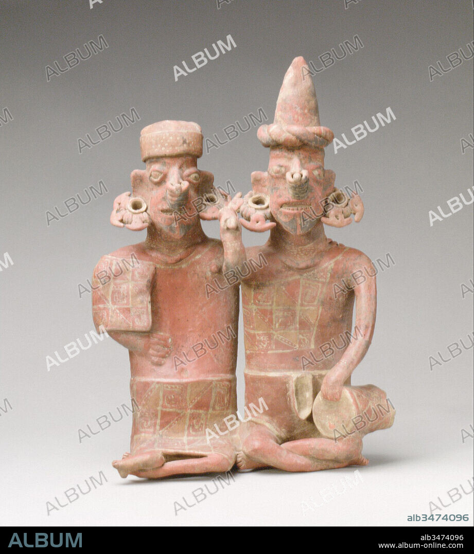 Pair of Figures, 1st century B.C.–A.D. 2nd century, Mexico, Mesoamerica, Nayarit, Iztlan del Río, Iztlan del Río, Ceramic, H. 16 1/4 x W. 12 1/4 x D. 5 1/2 in. (41.3 x 31.1 x 14 cm), Ceramics-Sculpture, Paired male and female figures are common subjects in the ceramics of the western Mexico peoples of Jalisco, Colima, and Nayarit. Named for the states in which the works have been discovered in quantity in deeply buried, multichambered shaft tombs, the ceramic sculptures show aspects of daily and ritual life, from ballgame representations to feasting ceremonies to deceptively simple family scenes.
