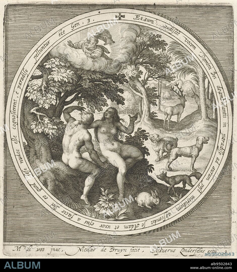 Adam and Eve hide from God through shame of their nakedness. In medallion inscribed with a Latin Bible text from Genesis 3, within rectangular frame, Adam and Eve Hide from God From Creation to Expulsion from Paradise (series title), print maker: Nicolaes de Bruyn, (mentioned on object), Maerten de Vos, (mentioned on object), publisher: Assuerus van Londerseel, (mentioned on object), Netherlands, 1581 - 1656, paper, engraving, h 134 mm × w 122 mm.