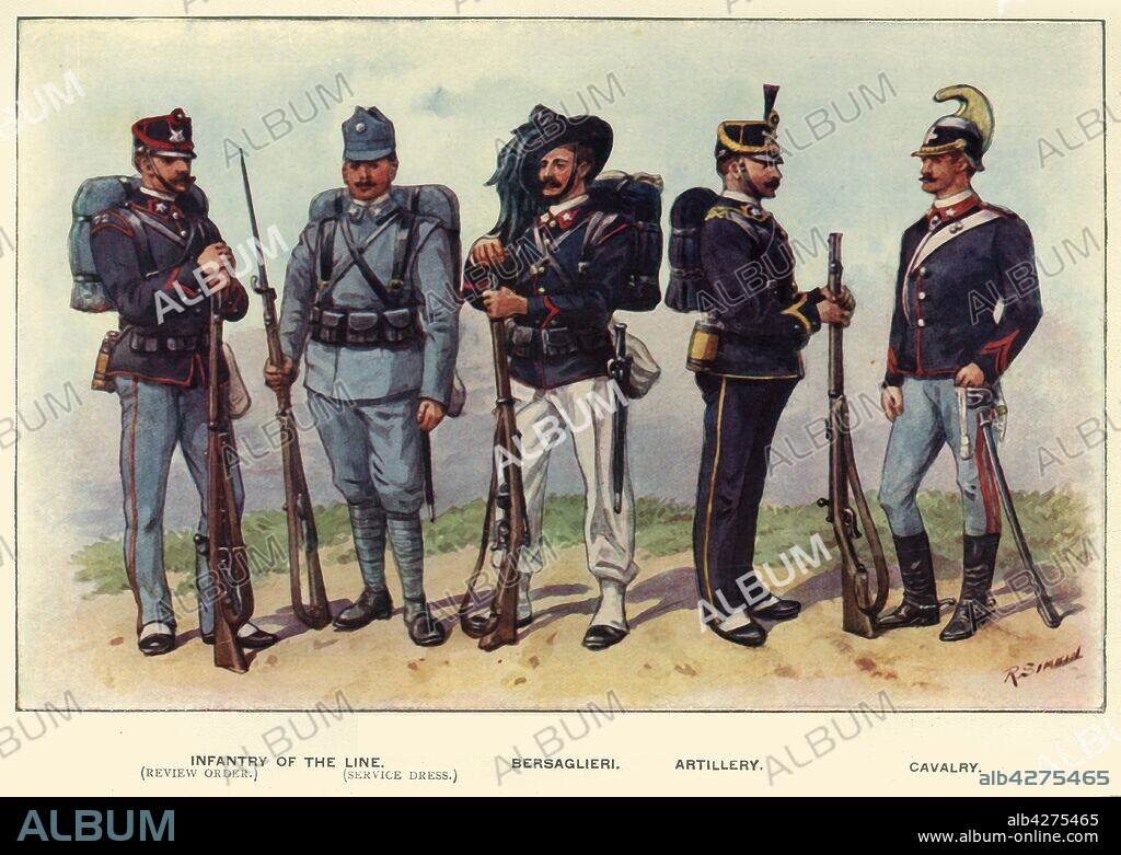 RICHARD SIMKIN. 'Types of the Italian Army', 1919. Soldiers serving in the First World War, 1914-1919: Infantry of the Line (review order and service dress), Bersaglieri, Artillery and Cavalry. From "The History of the Great European War: its causes and effects", Vol. VI, by W. Stanley Macbean Knight. [Caxton Pulishing Company, Limited, London, 1919].