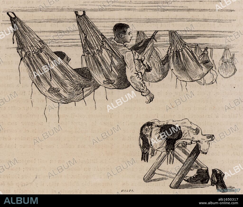 Cadets at the Ecole Navale, the French Naval Academy in their hammocks in which they slept.   From "Le Journal de la Jeunesse" (Paris, c1870).  Engraving.  (Photo by: Universal History Archive/UIG via Getty Images).