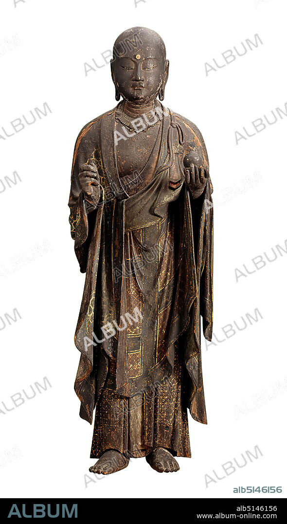 Sculpture of Jiz Bosatsu (Bodhisattva Kshitigarbha), wood, gold, painted, wood with color setting and gold leaf, rock crystal, metal, Total: height: 50 cm, sculptures, statues, pictures as cult objects (Hinduism, Buddhism, Jainism), Japanese Middle Ages, Jiz, patron god of children, counts in Buddhism to the Bodhisattva beings who have already attained enlightenment and help people on their path of salvation. Jiz is represented as a wandering monk. In his left hand he carries the wish granting jewel. His right hand originally carried a rattle stick. In Japanese popular belief, Jiz is still considered the embodiment of compassion and helper in need. He frees the souls of the deceased from hell, protects travelers and guards children from illness and danger.