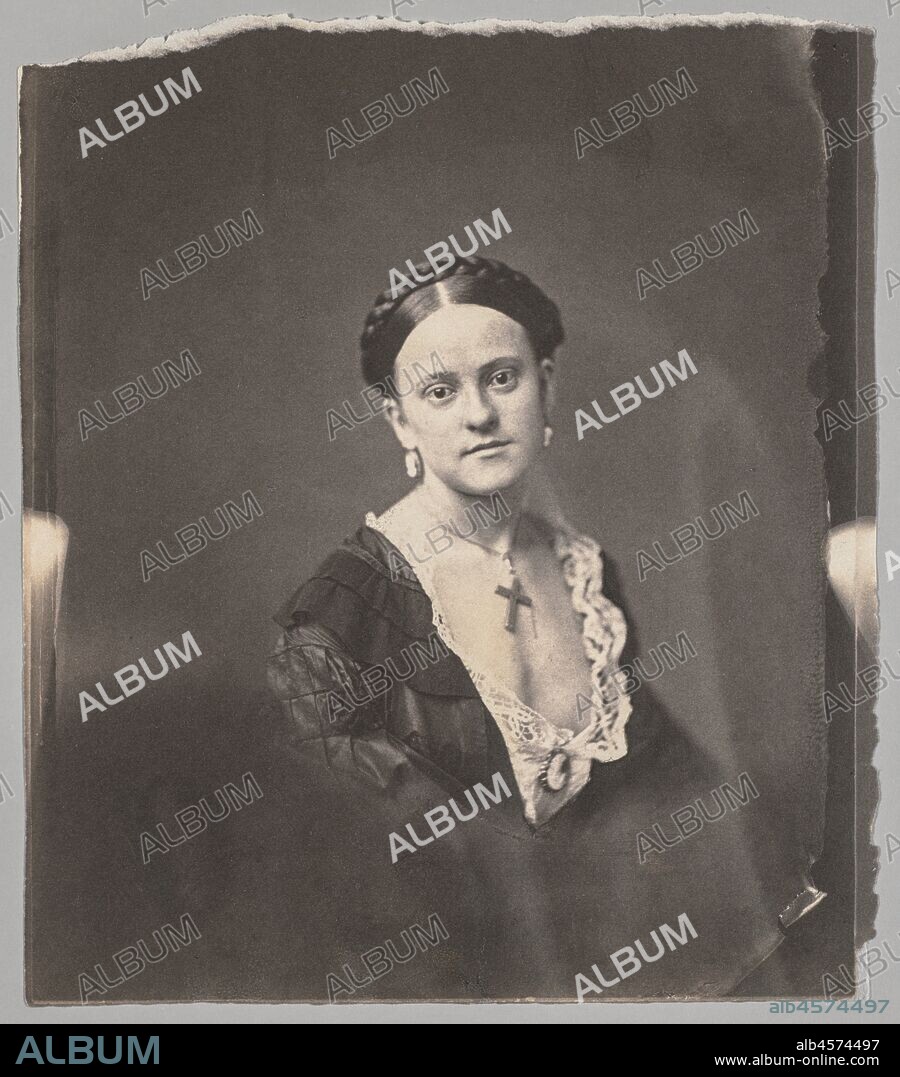 Mrs. John R. Johnston, before 1857. Active in the worlds of theather and music, Johnson was also a distinguished portrait painter, a remarkable photographer, and one of the supreme colourists of photographs. By the mid 1850s, he resided in Baltimore where he associated with Jesse H. Whitefurst, how was better known than Matthew Brady and one of the most important studio operators at that time. This portrait is a tour-de-force of personal expression, both on the part of the sitter and artist. In the angled three-quarter-length pose, Mrs. Johnson, with head tilted, gazes directly toward the camera's lens. For the period, this portrait was extraordinarily spontaneous and informal, personal and sensual. Adding to the photograph's distinction, Johnson printed his wet collodion negative on salted paper, a rarity in early American photography.