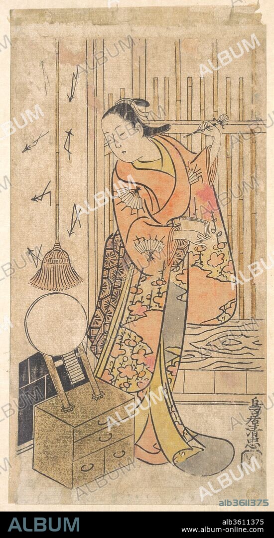 Actor as a Woman Standing by a Mirror Stand. Artist: Torii Kiyotada (Japanese, fl. ca. 1720-50). Culture: Japan. Dimensions: H. 12 1/4 in. (31.1 cm); 6 3/8 in. (16.2 cm). Date: ca. 1735.