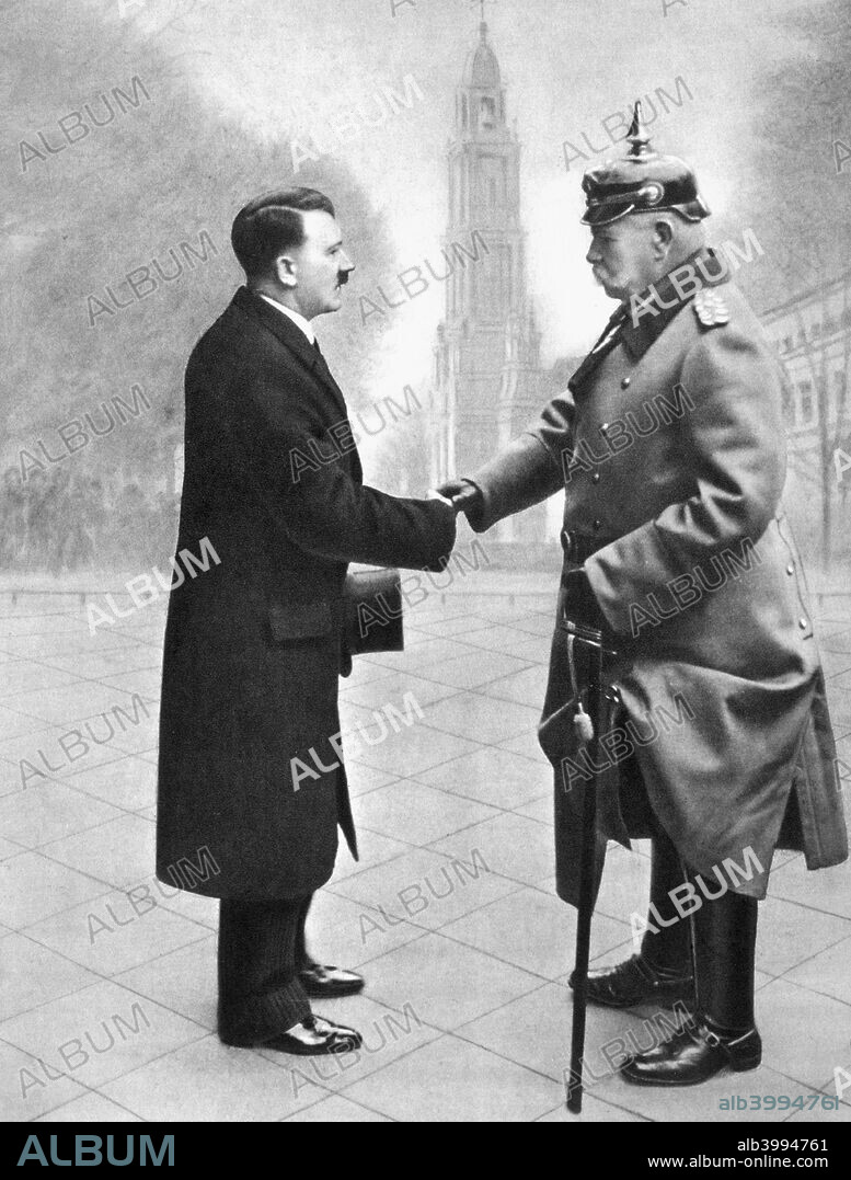 Adolf Hitler shaking hands with President von Hindenburg, Germany, 1933. Although initially oposed to the idea, Hindenburg was eventually persuaded to appoint Hitler Chancellor of Germany on 30th January 1933. From Deutsche Gedenkhalle: Das Neue Deutschland compiled by General Von Eisenhart Rothe, 1939.