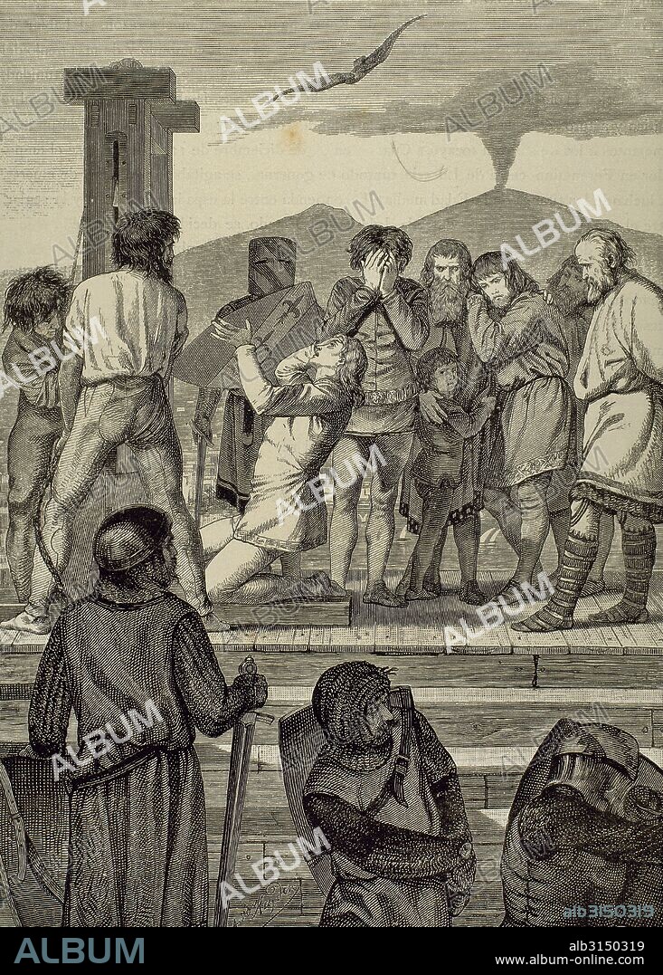 CONRADINO DE HOHENSTAUFEN ((Wolfstein, Baviera, 1252-Nápoles,1268), Duque de Suabia (o Conrado IV de Suabia), rey de Sicilia como Conrado II (1254-1268) y rey nominal de Jerusalén como Conrado III. Ultimo representante de la dinastía de los Hohenstaufen. Luchó por recuperar el Reino de Sicilia pero fue derrotado en 1268 en Tagliacozzo por Carlos de Anjou, que mandó decapitarlo. "SUPLICIO DE CONRADINO DE HOHENSTAUFEN". Grabado por Bauer.
