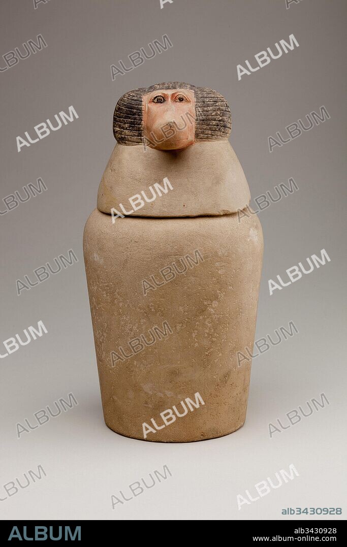 Canopic Jar Representing the Deity Hapy, New Kingdom, Dynasty 18–20, ca. 1550–1070 B.C., From Egypt; Possibly from Northern Upper Egypt, Abydos, Limestone, paint, H. 26.5 cm (10 7/16 in); diam. 14 cm (5 1/2 in), Canopic jars were made to hold the internal organs that were removed during mummification. This canopic jar, with its baboon-headed lid, probably held the lungs and was under the protection of the god Hapy, one of the Four Sons of Horus.