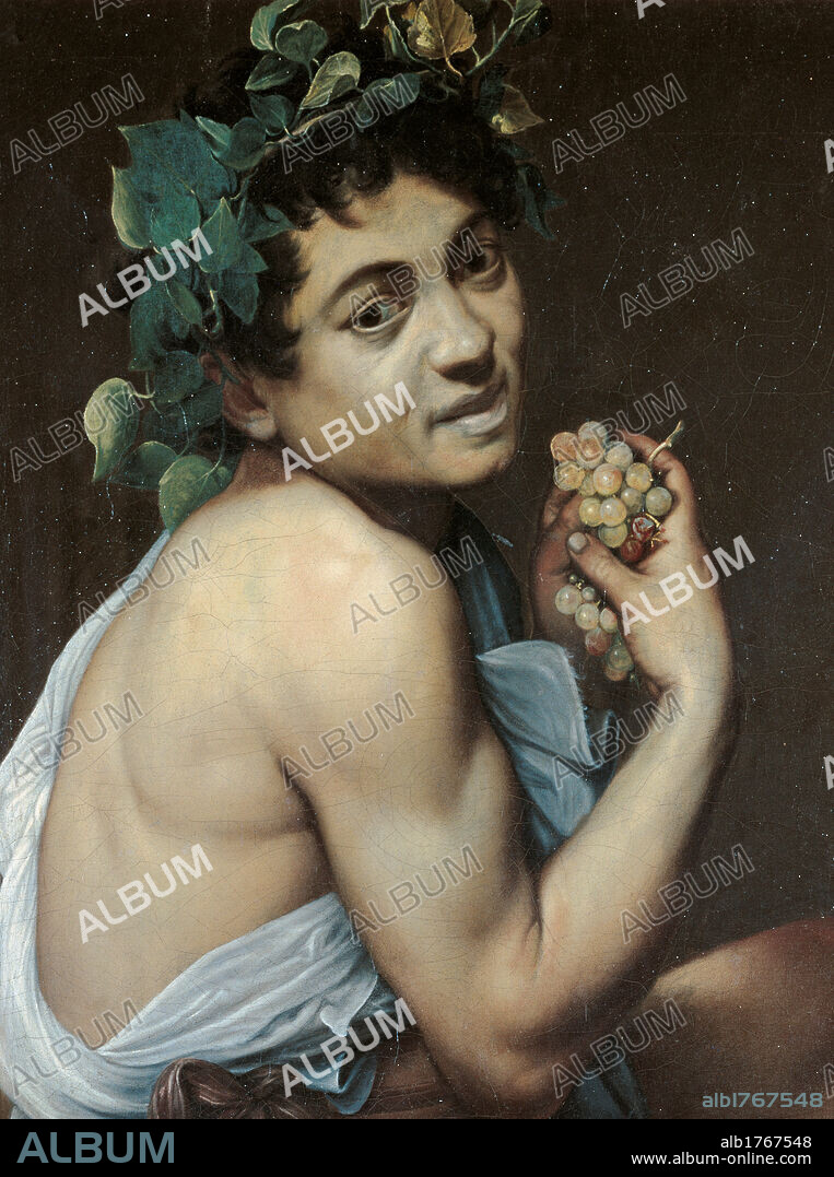 Sick Bacchus, by Michelangelo Merisi known as Caravaggio, 1593-1594, 16th Century, oil on canvas, cm 67 x 53. Italy, Lazio, Rome, Borghese Gallery. Detail. Face Bacchus crown vine leaves bunch grapes. Authorization required for non editorial use.