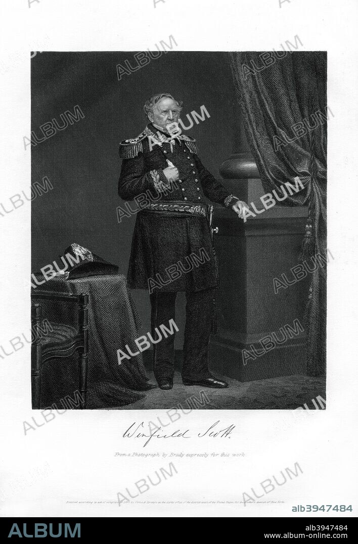 General Winfield Scott, United States Army general, diplomat, and presidential candidate, 1862-1867. Scott (1786-1866) played a major role in the Mexican War (1846-1848) and ran for the presidency in 1852. He was General-in-Chief of the US Army when the American Civil War broke out in 1861. His age dictated that he was physically unable to command in the field and on 1 November 1861 he resigned and was replaced by George B McClellan. An engraving from volume II of The War with the South : a History of the Late Rebellion, by Robert Tomes, Benjamin G Smith, New York, Virtue & Yorston, 3 Volumes, 1862-1867.