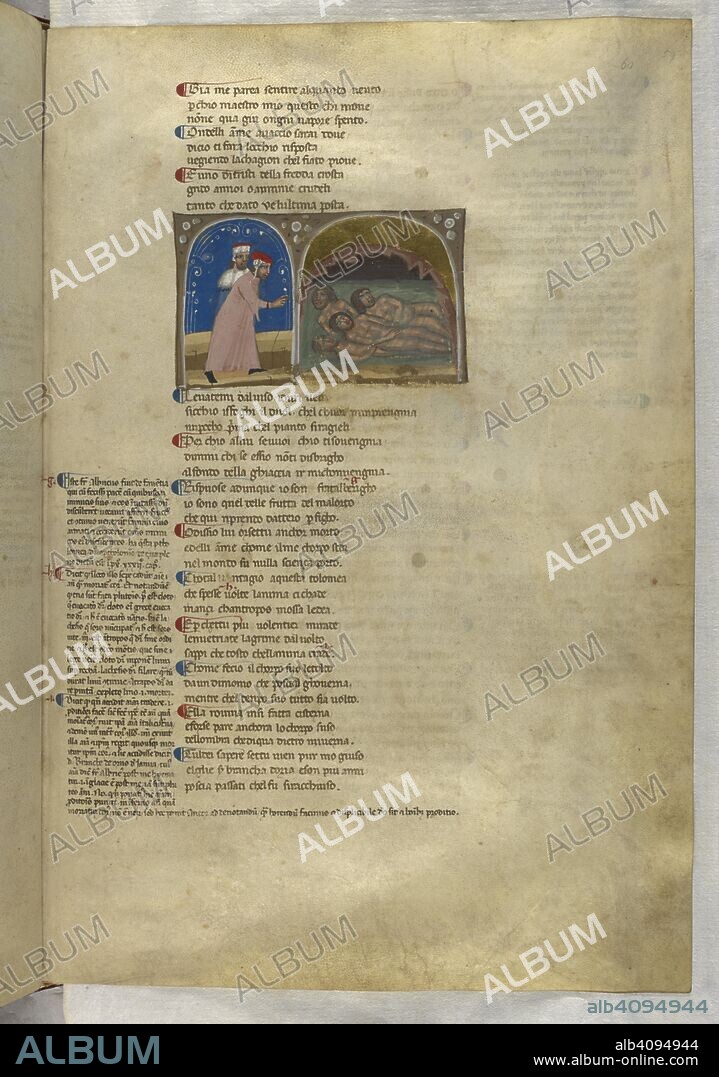 Inferno: The traitors lying in the ice and Dante talking to Alberigho. Dante Alighieri, Divina Commedia ( The Divine Comedy ), with a commentary in Latin. 1st half of the 14th century. Source: Egerton 943, f.60. Language: Italian, Latin.