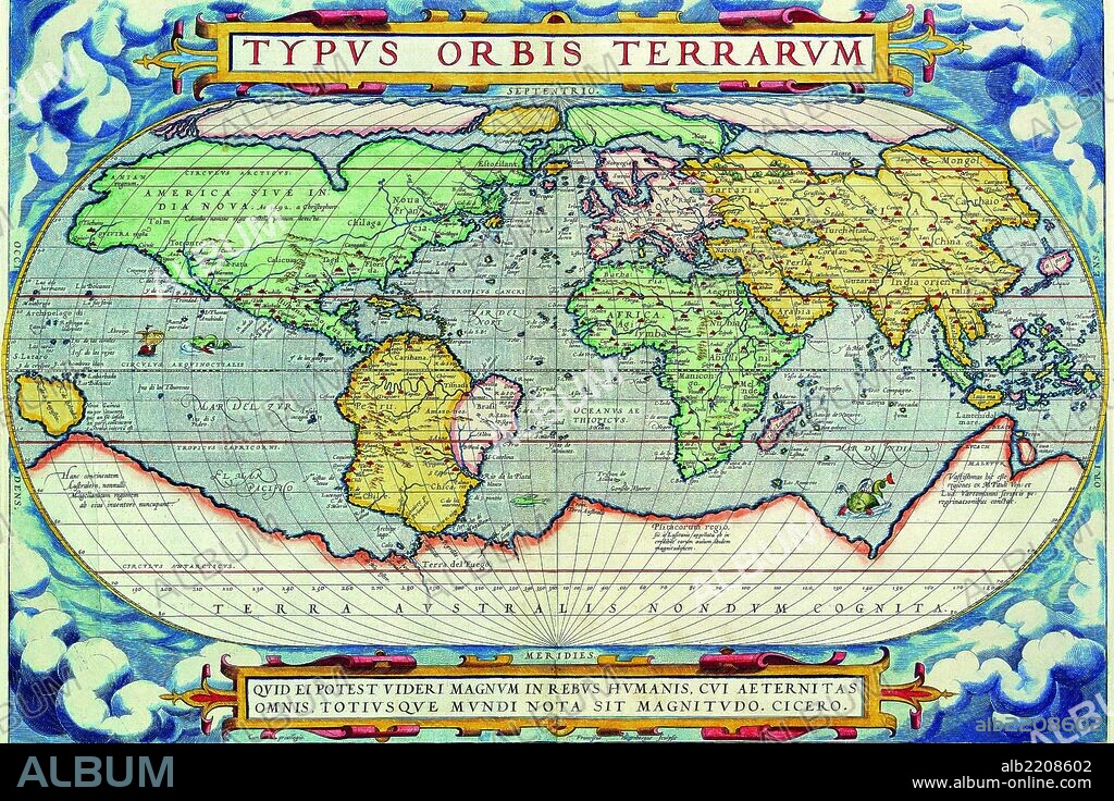 Abraham Ortelius (Abraham Ortelius) (April 14, 1527 – June 28, 1598) was a Flemish cartographer and geographer, generally recognized as the creator of the first modern atlas, the Theatrum Orbis Terrarum (Theatre of the World). He is also believed to be the first person to imagine that the continents were joined together before drifting to their present positions. In 1564 he completed a "mappemonde", eight-leaved map of the world, which afterwards appeared in reduced form in the Theatrum. The only extant copy of this great map is in the library of the University of Basel. On May 20, 1570, Gilles Coppens de Diest at Antwerp issued Ortelius’ Theatrum Orbis Terrarum, the "first modern atlas" (of 53 maps). Three Latin editions of this (besides a Dutch, a French and a German edition) appeared before the end of 1572; twenty-five editions came out before Ortelius' death in 1598; and several others were published subsequently, for the atlas continued to be in demand until about 1612.