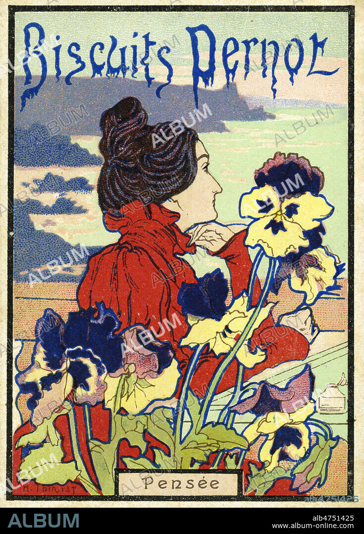 Pensee. Illustration d'Henri THIRIET (1873-1946) vers 1900 pour un chromo publicitaire des Biscuits Pernot. Credit :.