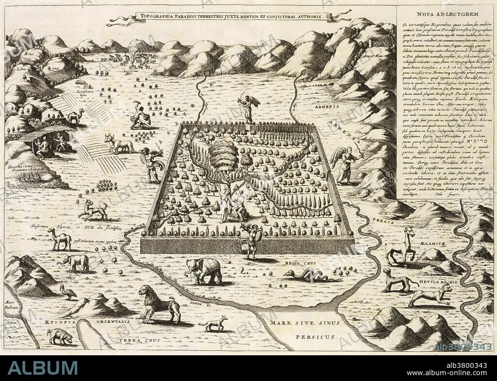 A depiction of the Garden of Eden and "topography of the earthly paradise" by Athanasius Kircher (1602-1680), from 1675. Adam and Eve can be seen inside the walls, with angels at all four gates. Cain can be seen killing Abel at upper left outside the walls. Athanasius Kircher was a 17th-century German Jesuit scholar and polymath who published around 40 major works, most notably in the fields of "Oriental studies," geology, and medicine.