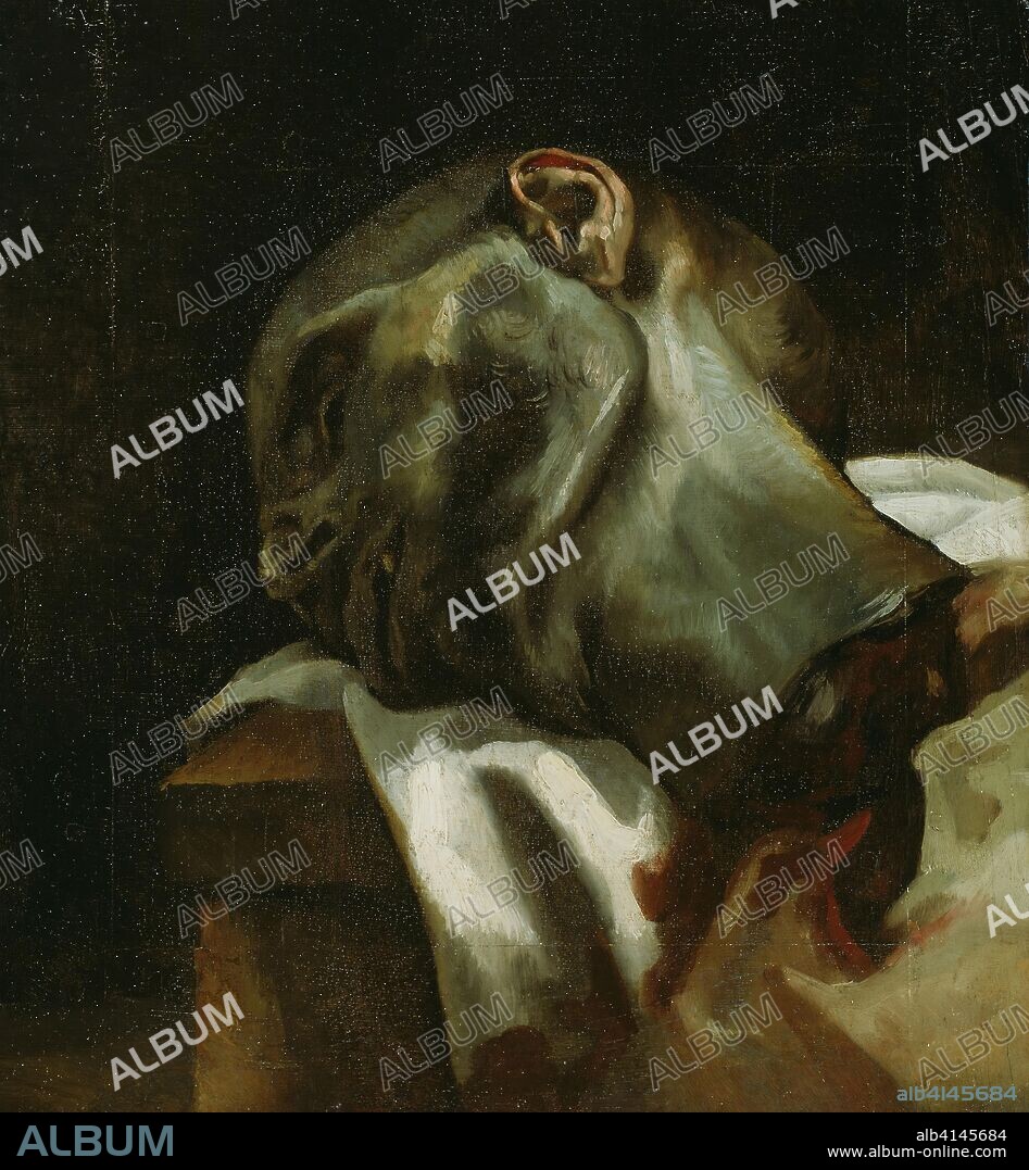 Head of a Guillotined Man. Jean Louis André Théodore Géricault; French, 1791-1824. Date: 1818. Dimensions: 16 1/8 × 14 15/16 in. (41 × 38 cm). Oil on panel. Origin: France.