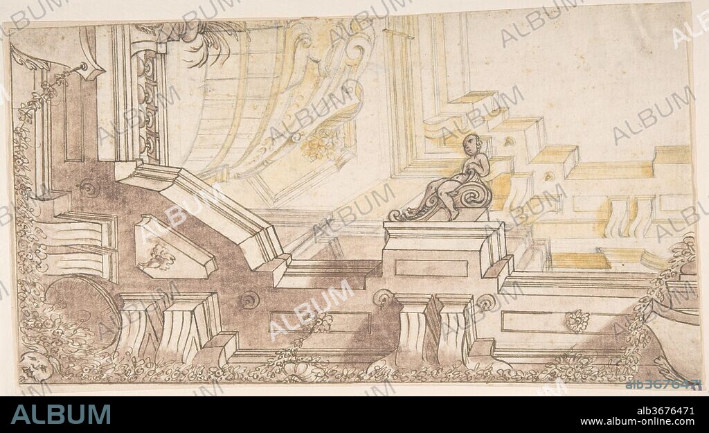 Quarter of a Design for a Trompe L'Oeil Ceiling Decoration. Artist: Anonymous, Italian, 17th century. Dimensions: sheet: 12 5/16 x 6 5/8 in. (31.3 x 16.8 cm). Date: 17th century.