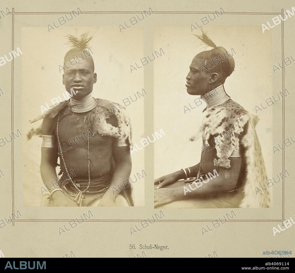 RICHARD BUCHTA. (Left): Portrait of an Acholi man, wearing metal arm and neck rings as well as a leopard skin around his shoulders. His hair is ornamented by stringwork and a plume at the back of his head.  (Right): Portrait of an Acholi man, wearing metal arm and neck rings as well as a leopard skin around his shoulders. His hair is ornamented by stringwork and a plume at the back of his head, and his skull shape suggests possible deformation. . Die oberen Nil-LaÌˆnder. Volkstypen und Landschaften. Dargestellt in 160 Photographien. Nach der Natur aufgenommen von R. Buchta. Mit einer Einleitung von Dr. Robert Hartmann. Berlin, 1881. Source: 1789.a.13 plate 56. Language: German.