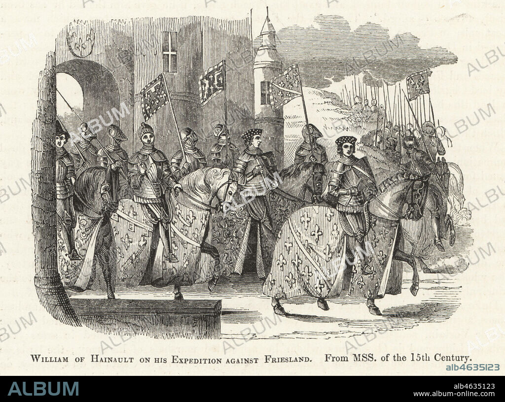 William II, Count of Hainault, Count of Ostrevant, (William IV of Holland), on his unsuccessful expedition against Friesland, 1345. He rides a horse with armorial caparison accompanied by knights with standards. Woodcut after an illuminated manuscript from Sir John Froissart's Chronicles of England, France, Spain and the Adjoining Countries, from the Latter Part of the Reign of Edward II to the Coronation of Henry IV, George Routledge, London, 1868.