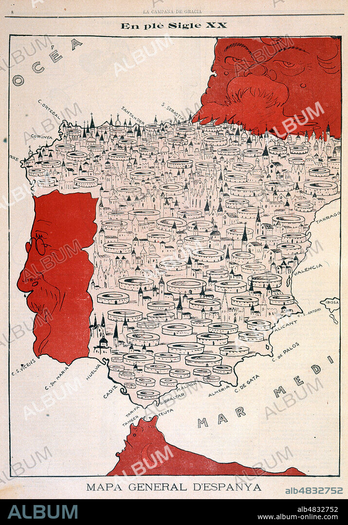 'Carte generale de l'Espagne' : le pays est couvert d'eglises et d'arenes. Illustration tiree de La Campana de Gracia, revue satirique, republicaine et anticlericale de Catalogne, du 29 juin 1912. Credit : Collection KHARBINE-TAPABOR.