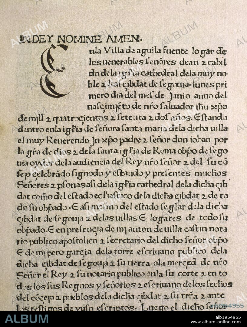 ARTE GOTICO. ESPAÑA. "SINODAL DE AGUILAFUENTE". Actas del sínodo provincial que tuvo lugar en 1472 en Aguilafuente, convocado por el obispo don Juan ARIAS DAVILA. Fueron publicadas por la imprenta que Juan PARIX DE HEIDELBERG estableció en Segovia, siendo el primer libro impreso en España. Detalle de una PAGINA. Catedral de SEGOVIA. Castilla-León.