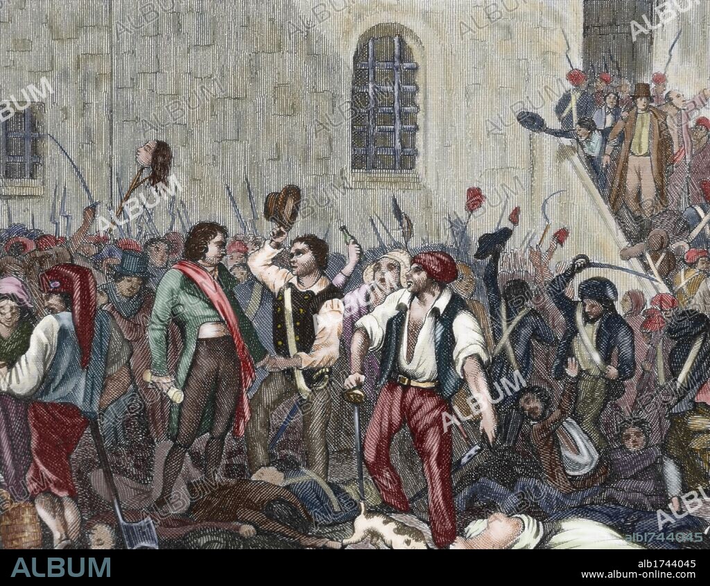 REVOLUCION FRANCESA. S. XVIII. 'Ejecuciones de clérigos y presos comunes, por los miembros de la comuna popular e insurreccional de París. Septiembre del 1792'. Grabado coloreado del s. XIX.