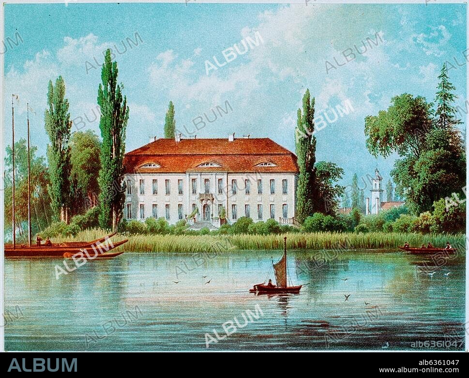 Wustrau (Brandenburg), Schloß (Sitz derer von Zieten; 18. Jh.). "Wustrau / Kreis Ruppin". Farblithographie von Winckelmann & Söhne nach Photographie von Th. Hennicke. Aus: Die ländlichen Wohnsitze, Schlösser und Residenzen (...) der preußischen Monarchie; Berlin (Alexander Duncker). 1857-81.