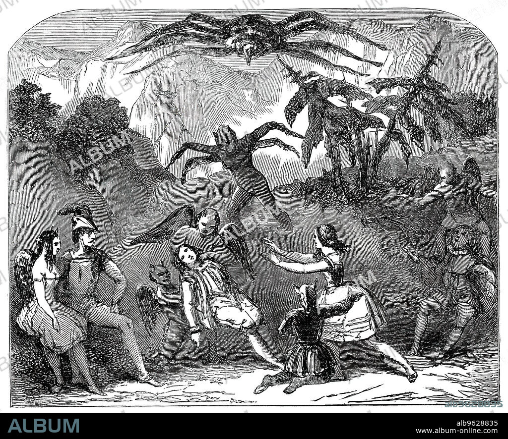 Scene from "La Tarantula; or, The Spider King", [Adelphi Theatre, London], 1850. '...The piece opens with a scene, representing the Realm of Reptiles, in which Spiderion, the King of the Spiders, and other unearthly objects, are brought into notice, so as to constitute a Monster Meeting, which is terminated in a skilful manner by its transformation into a cloud. In a subsequent scene the height of the ridiculous is attained in a "coaching incident," in which a car is introduced, drawn by horses made of boys, two to each horse. Luigi (Miss Woolgar) is the victim of the tarantula, receiving what is supposed to be a fatal bite; and, on the strength of this belief, Luigi's betrothed, Loretta (Madame Celeste) is affianced to Dr. Omeopatico (Mr. Wright), but Luigi's recovery slightly deranges this secondary arrangement, and restores the status quo'. [Presented by Mr. Albert Smith]. From "Illustrated London News", 1850.