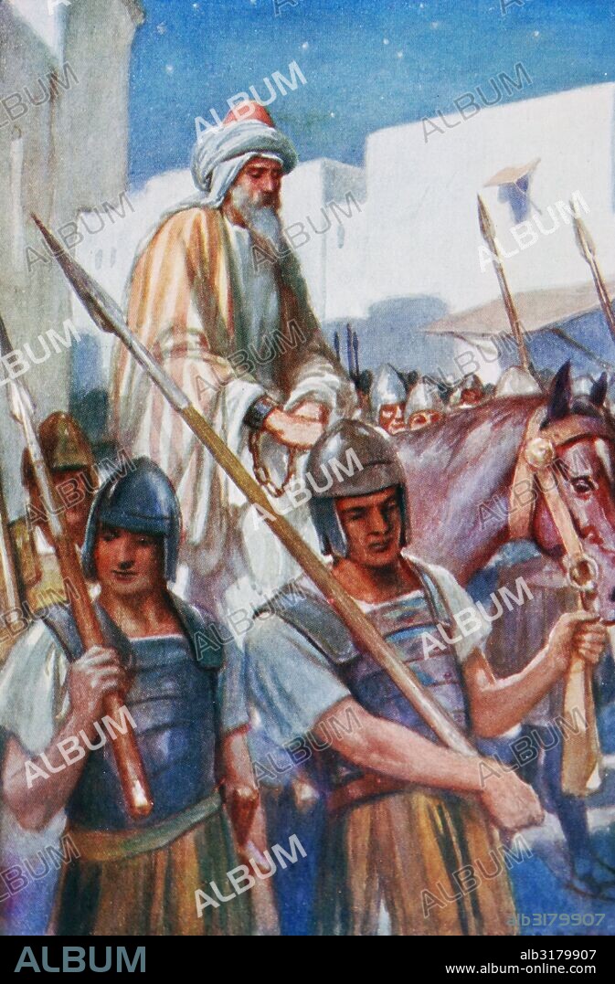 Apostle Paul taken from Jerusalem by roman soldiers. Illustration by Arthur A. Dixon 1872-1959. From the Precious Gift: Bible Stories for Children by T W Wilson (1910).