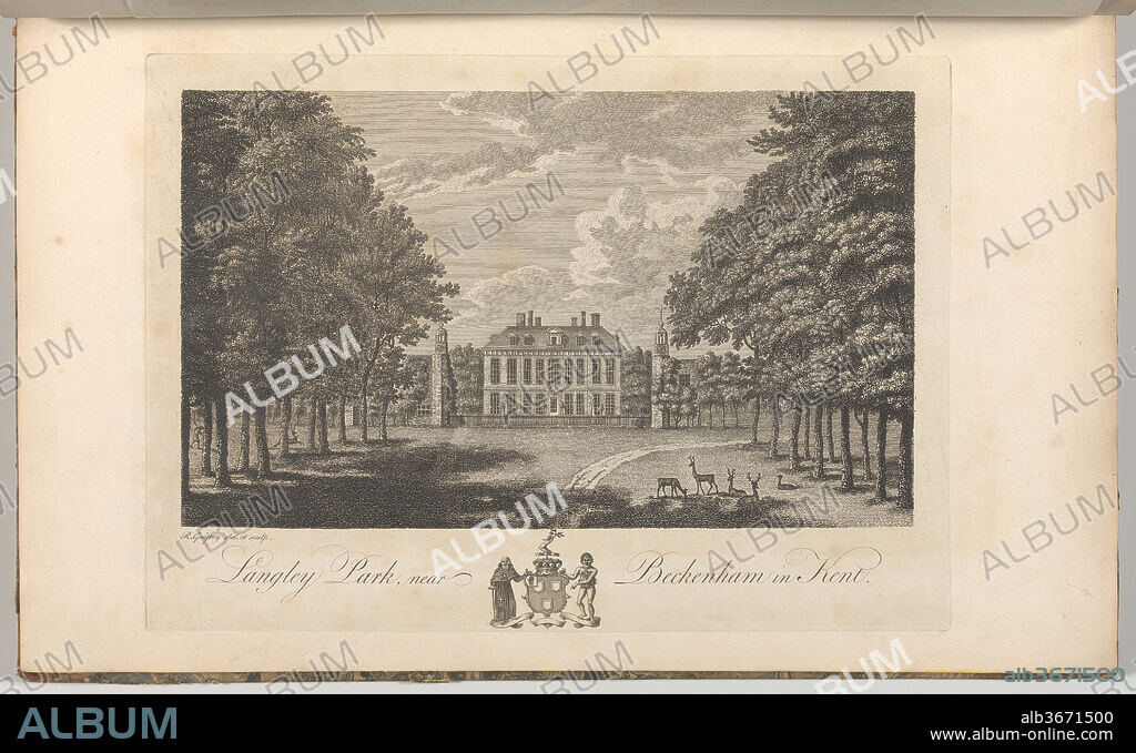 Langley Park, near Beckenham in Kent, from Edward Hasted's, The History and Topographical Survey of the County of Kent, vols. 1-3. Artist: Drawn and etched by Richard Bernard Godfrey (British, probably London ca. 1728-1795 after). Dimensions: Book: 17 5/16 × 11 × 13/16 in. (44 × 28 × 2 cm)
Sheet: 16 15/16 × 10 5/8 in. (43 × 27 cm)
Plate: 10 1/16 × 14 in. (25.5 × 35.5 cm). Date: 1776.
Plate 13, vol. I, the Seat of Mrs. Burrell.  See 2014.599.1-.30 for comments.