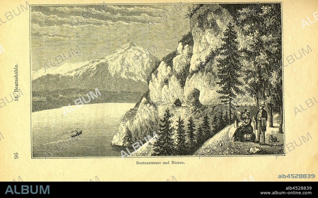 Beatusstrasse and Niesen, Beatusstrasse along Lake Thun with tunnel and sneezing in the background, p. 96, G. Dumermuth: St.-Beatenberg und seine Drahtseilbahn. Bern und Biel: Verlag von Albert Schüler, [1889].