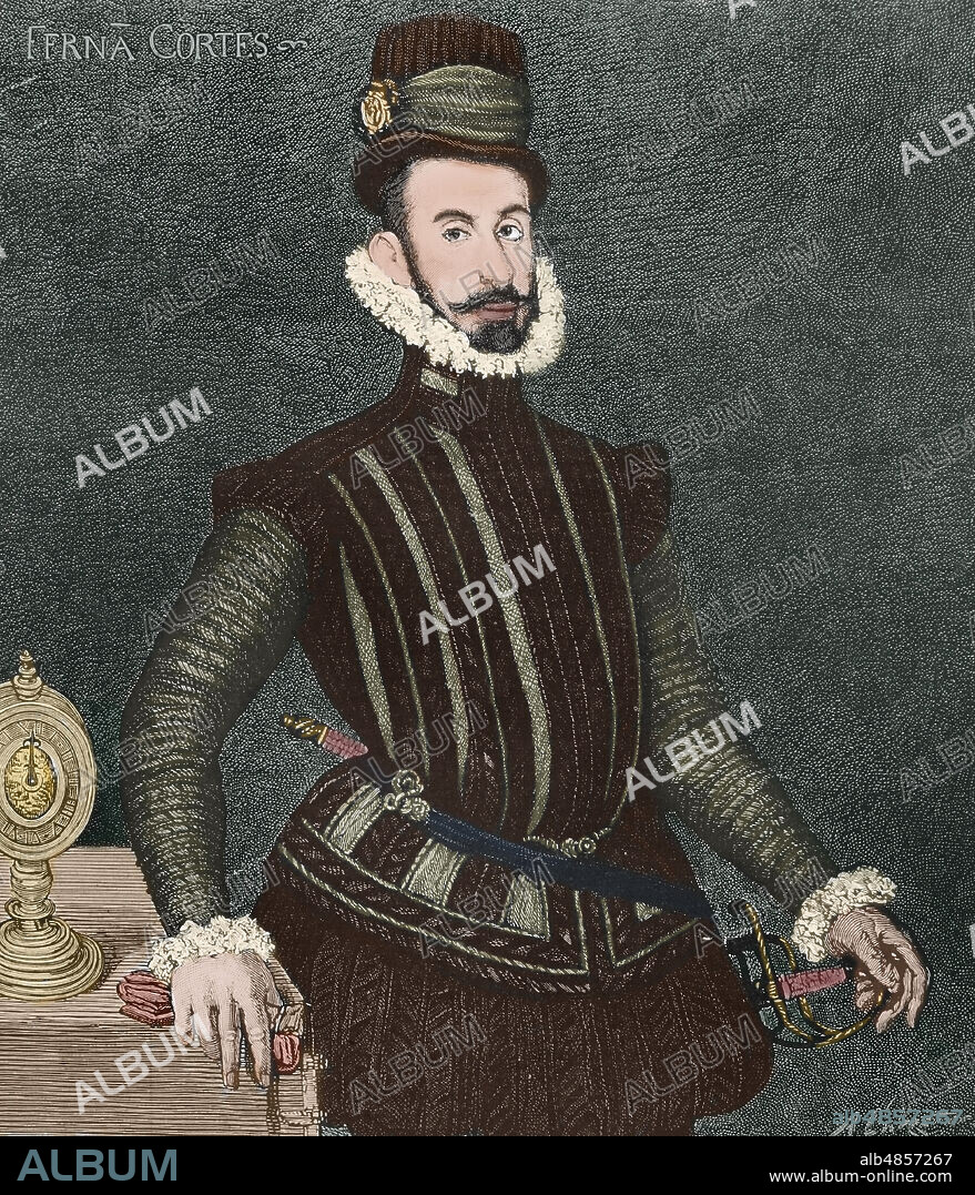 ARTURO CARRETERO (CA. 1852-1903). SPANISH ENGRAVER AND XYLOGRAPH.. Hernán Cortés (1488-1547). Spanish conquistador of the Aztec empire. Portrait. Engraving by Arturo Carretero (1852-1903) after a painting that belonged to the gallery of the Marquis of Salamanca. Later colouration. La Ilustración Española y Americana (The Spanish and American Illustration). Supplement to issue I. January, 1884.