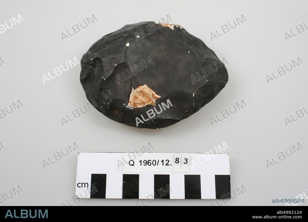 Casting of a flint tool: a biface, cast, tool, plaster, 10.8 x 9 x 3.3 cm, France or Belgium, unknown, unknown, unknown.