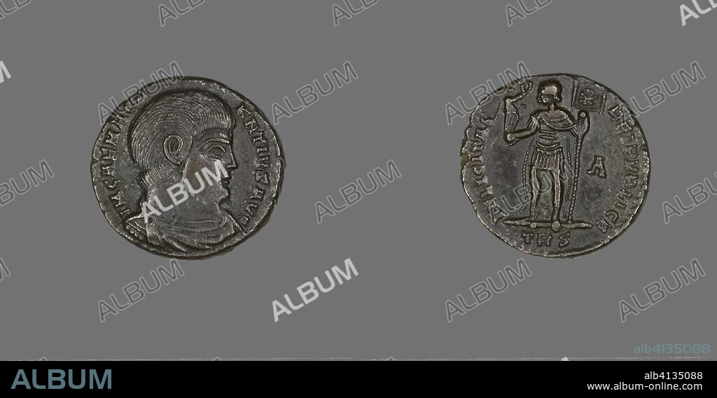 ANCIENT ROMAN. Coin Portraying Emperor Magnentius. Roman. Date: 350 AD-351 AD. Dimensions: Diam. 2.2 cm; 5.71 g. Bronze. Origin: Roman Empire.
