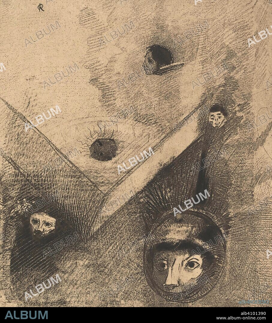 ODILON REDON. Sur le fond de nos nuits Dieu de son doigt savant, Dessine un cauchemar multiforme et sans trève from the series Les fleurs du mal. Dimensions: 43.8 cm x 32 cm, 21.5 cm x 19.1 cm.