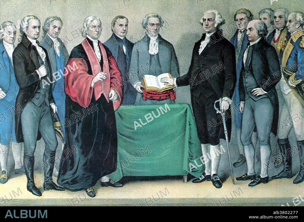 Lithograph entitled: "The inauguration of Washington as the first President of the United States at the old City Hall, New York, on April 30th, 1789." George Washington (February 22, 1732 - December 14, 1799) was the first President of the USA (1789-97), and dominant military and political leader from 1775-99. He led the American victory over Great Britain in the American Revolutionary War as commander-in-chief of the Continental Army from 1775-83. His leadership style established many forms and rituals of government that have been used since, such as using a cabinet system and delivering an inaugural address. He was hailed as "father of his country" even during his lifetime. Washington had a vision of a great and powerful nation that would be built on republican lines using federal power. He sought to use the national government to preserve liberty, improve infrastructure, open the western lands, promote commerce, found a permanent capital, reduce regional tensions and promote a spirit of American nationalism. He died in 1799 at the age of 67.
