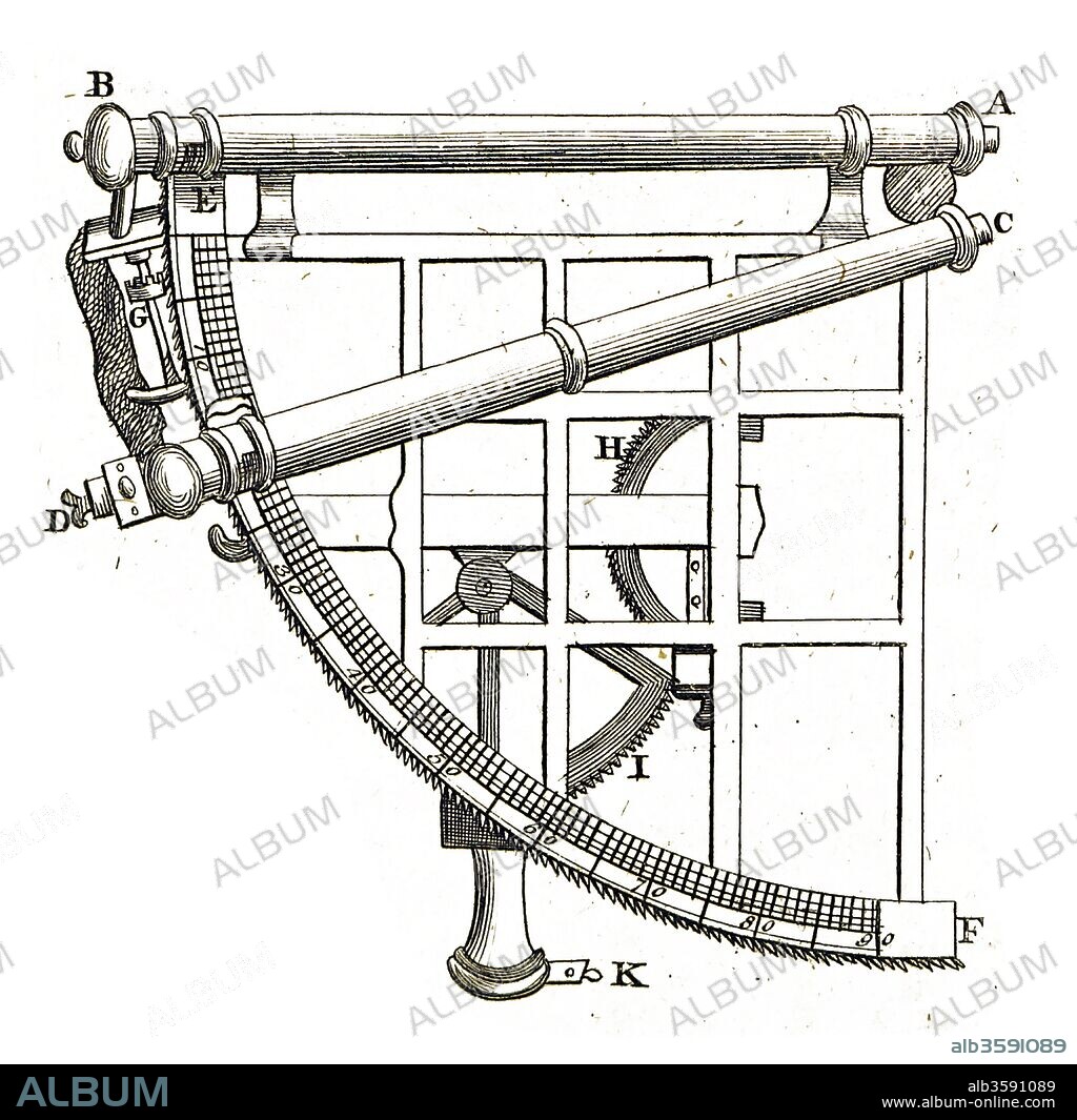 Illustration of an astronomical quadrant, an instrument used to measure angles up to 90 degrees. Dated 18th Century.