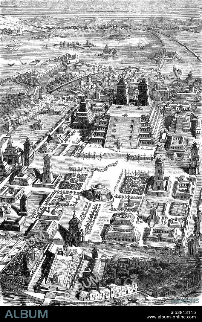 Mexico-Tenochtitlan, commonly known as Tenochtitlan, was an Aztec altepetl (city-state) located on an island in Lake Texcoco, in the Valley of Mexico. Founded in 1325, a thriving culture developed, and the Mexica civilization came to dominate other tribes around Mexico. The small natural island was perpetually enlarged as Tenochtitlan grew to become the largest and most powerful city in Mesoamerica. The city was connected to the mainland by causeways leading to the north, south, and west. The causeways were interrupted by bridges that allowed canoes and other traffic to pass freely. The bridges could be pulled away, if necessary, to defend the city. The city was interlaced with a series of canals, so that all sections of the city could be visited either on foot or via canoe. It was captured by the Spanish in 1521. Today the ruins of Tenochtitlan are located in Mexico City's downtown. Image taken from page 217 of "Das alte Mexiko und die Eroberung Neuspaniens durch Ferdinand Cortez", 1865.