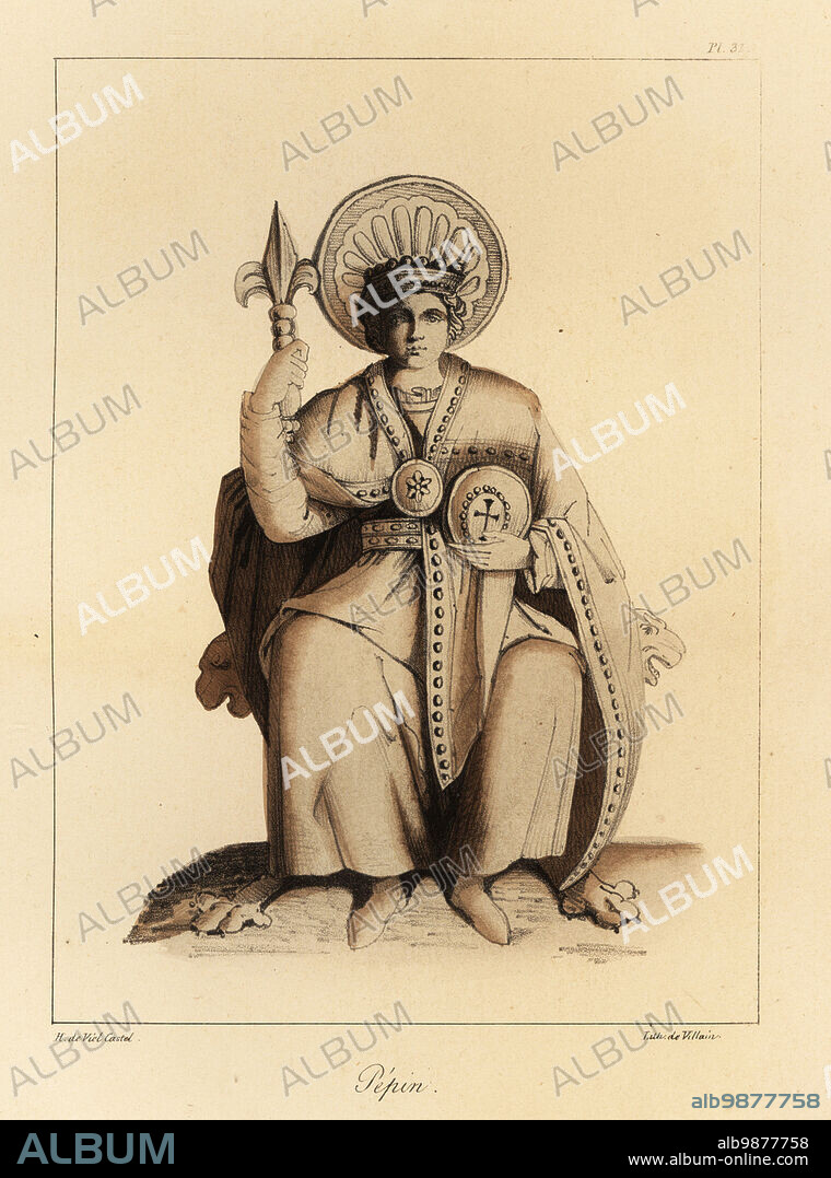 Pepin the Short (714-768), King of the Franks, first Carolingian king. With crown, cape fastened with a buckle, tunic, fleur de lys sceptre, tablet with jeweled cross, throne with lion heads. Statue in Fulda Cathedral. Tinted lithograph by Villain after an illustration by Horace de Viel-Castel from his Collection des costumes, armes et meubles pour servir à l'histoire de la France (Collection of costumes, weapons and furniture to be used in the history of France), Treuttel & Wurtz, Bossange, 1827.